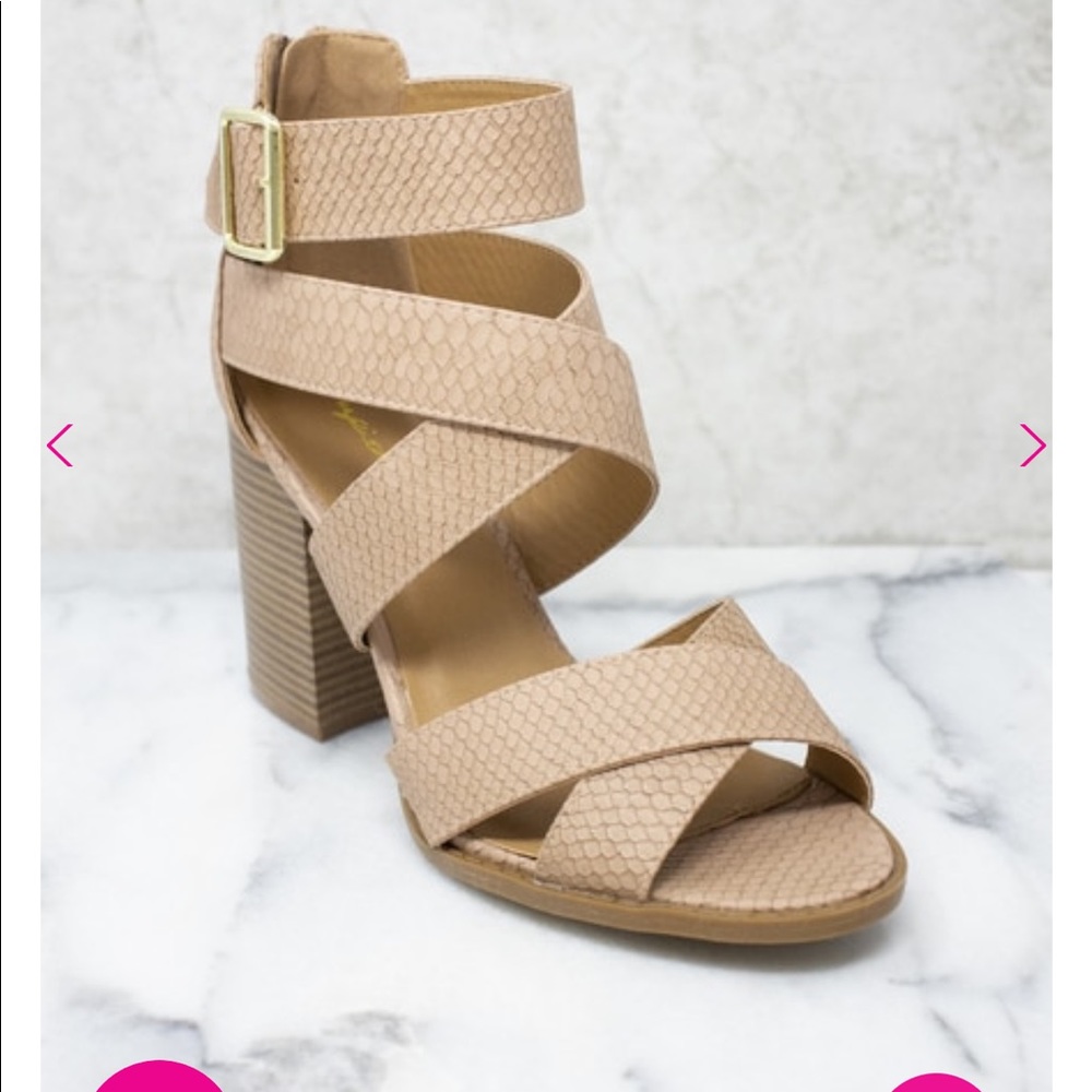 Blush/beige snakeskin block heel